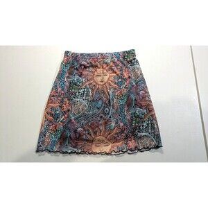 Women's Sun With Lotus Flower Print Y2K Skirt With Lettuce Hem Size S Celestial